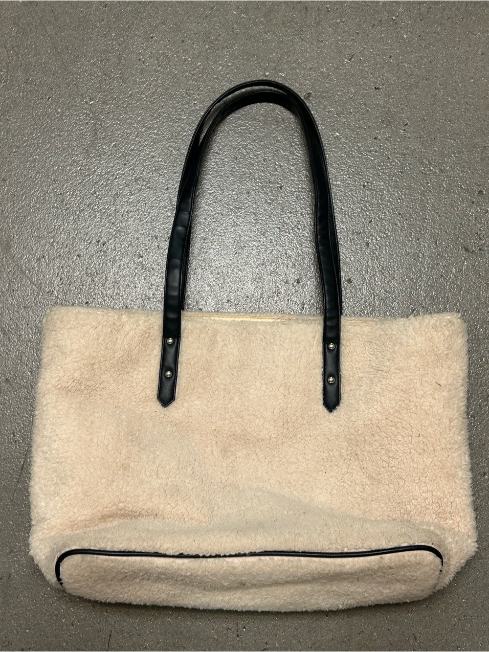 Cream Shearling Tote Bag with Black Handles